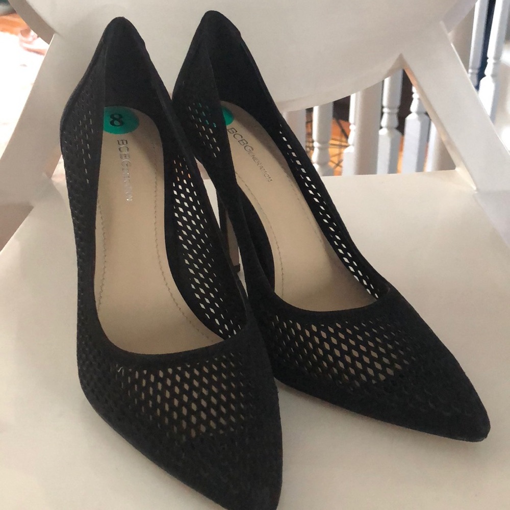 Black suede mesh heels